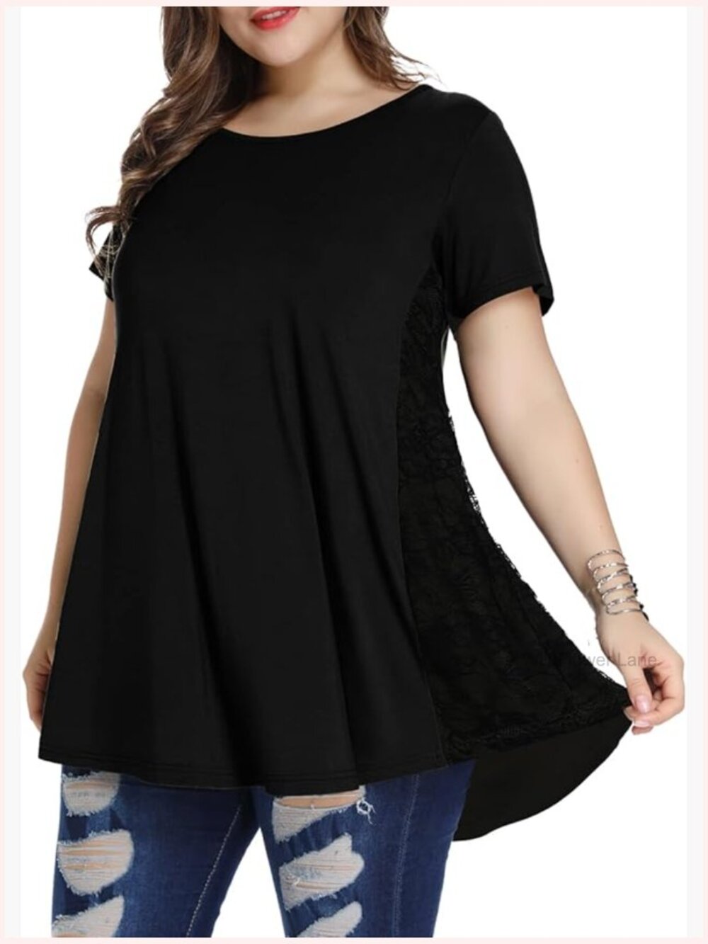 Plus Size Flowy Lace Tunic Top with Short Sleeves